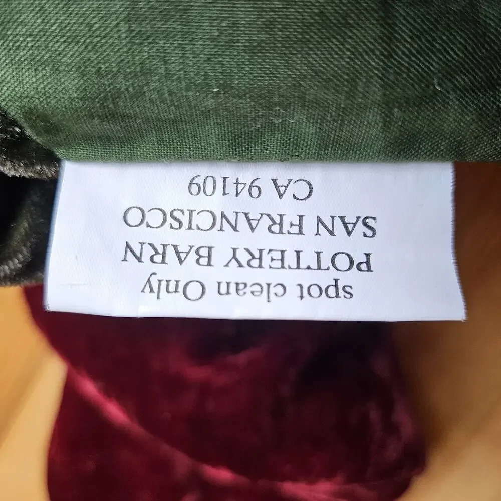 TWO Pottery Barn Christmas Stockings Maroon Green Velvet Mom Dad Embroidered 21